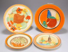 FOUR CLARICE CLIFF SIDE PLATES