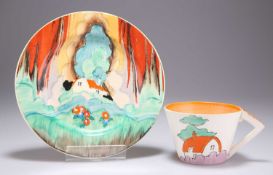 A CLARICE CLIFF FOREST GLEN PATTERN SIDE PLATE AND AN ORANGE ROOF COFFEE CUP