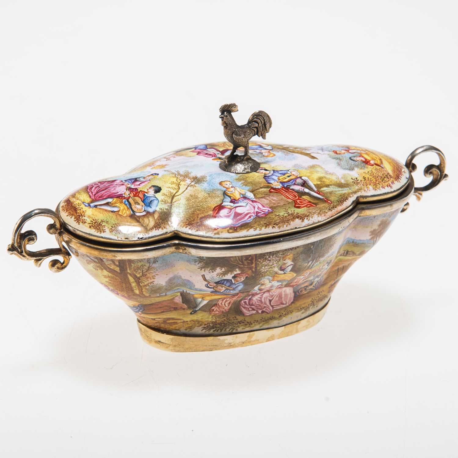 A VIENNESE ENAMEL AND SILVER-GILT TWO-HANDLED DISH AND COVER