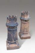 A PAIR OF VICTORIAN CROWN TOP TERRACOTTA CHIMNEY POTS