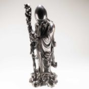 A CHINESE HARDWOOD FIGURAL CARVING OF SHAO LAO