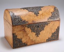 A 19TH CENTURY BURR WALNUT DOME-TOPPED STATIONERY BOX