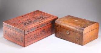 A BURMESE RED LACQUER BOX AND A TUNBRIDGE WARE WORK BOX