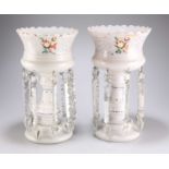 A LARGE PAIR OF 19TH CENTURY OPALINE WHITE GLASS LUSTRES