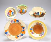 A GROUP OF CLARICE CLIFF BIZARRE CROCUS PATTERN WARES