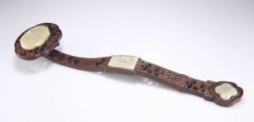 A CHINESE CARVED WOOD AND JADE INSET RUYI SCEPTRE