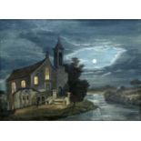 ENGLISH NAIVE SCHOOL (19TH CENTURY) MOONLIT RIVER LANSCAPE WITH CHURCH