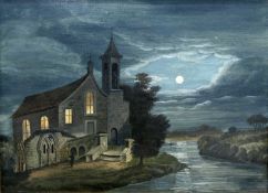 ENGLISH NAIVE SCHOOL (19TH CENTURY) MOONLIT RIVER LANSCAPE WITH CHURCH