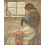 LIONEL TOWNSEND CRAWSHAW RSW, RSBA (1864-1949) LADY DARNING BESIDE A COTTAGE WINDOW