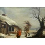 ENGLISH NAIVE SCHOOL FIGURES COLLECTING WOOD OUTSIDE A COTTAGE