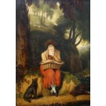 ENGLISH NAIVE SCHOOL (19TH CENTURY) LADY AND HER DOG IN A COUNTRY LANDSCAPE