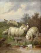ADOLF D NOWEY (AUSTRIAN BORN 1835 - ) SHEEP AT A POND