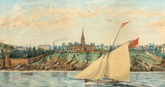 19TH CENTURY ENGLISH SCHOOL SAILING YACHT OFF THE COAST, A CHURCH AND FORT IN BACKGROUND