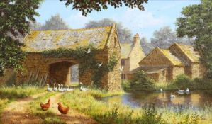 EDWARD HERSEY (BORN 1948) COTTAGES BY A POND