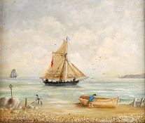 K.C. HICKSON (19TH/20TH CENTURY) BEACH SCENE WITH FISHING VESSELS
