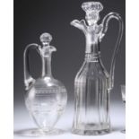 A GLASS EWER AND A HEAVY VICTORIAN CUT-GLASS DECANTER