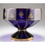 A BOHEMIAN BLUE AND GILT GLASS PEDESTAL BOWL, CIRCA 1875