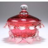 A VICTORIAN CRANBERRY GLASS LIDDED TRINKET DISH