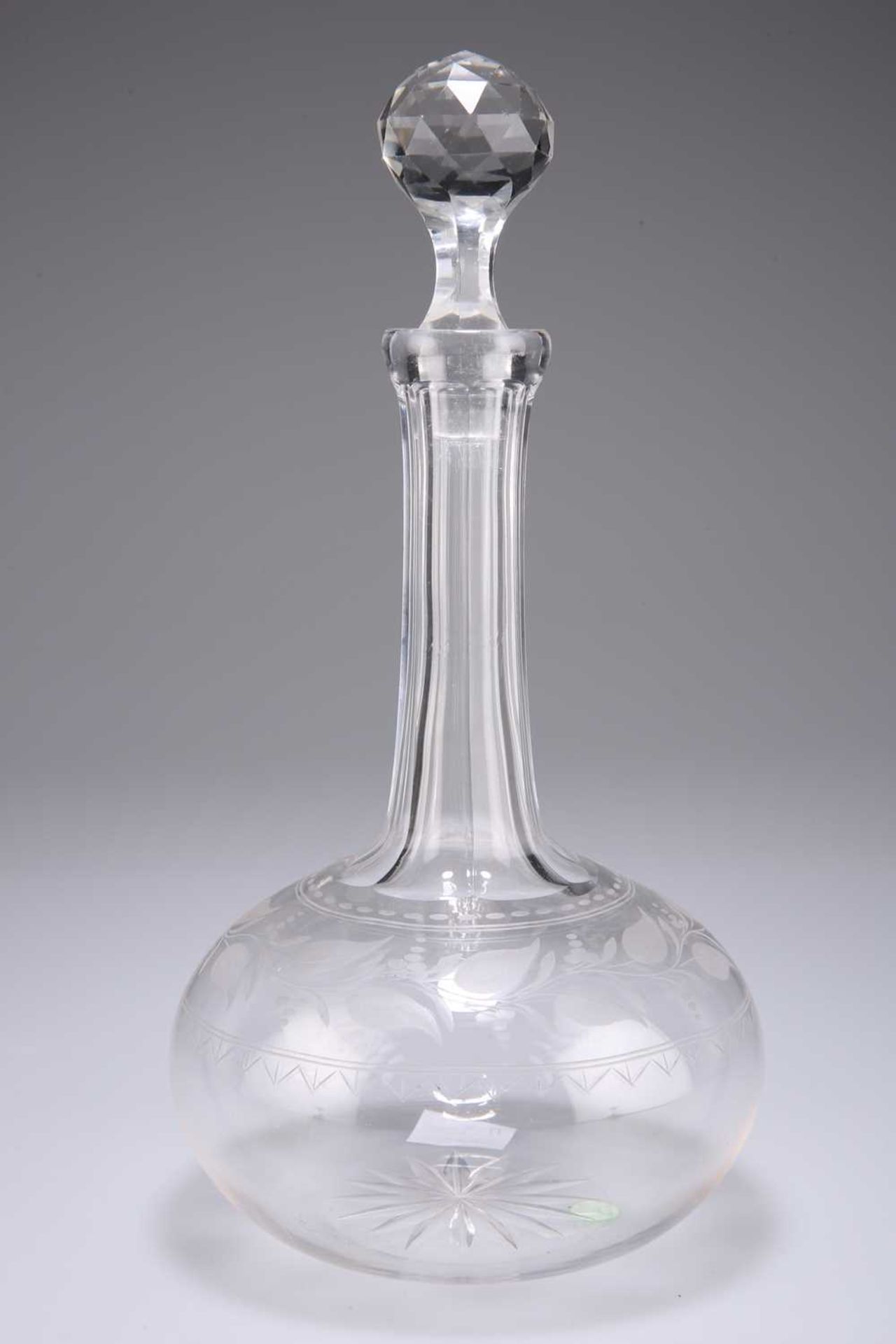 A LATE VICTORIAN ETCHED GLASS DECANTER AND STOPPER