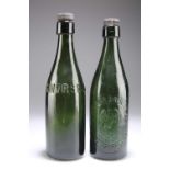 TWO GREEN GLASS BOTTLES