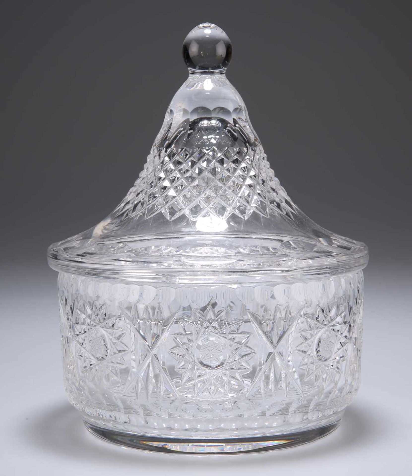 A CUT-GLASS BON BON JAR AND COVER, PROBABLY BACCARAT