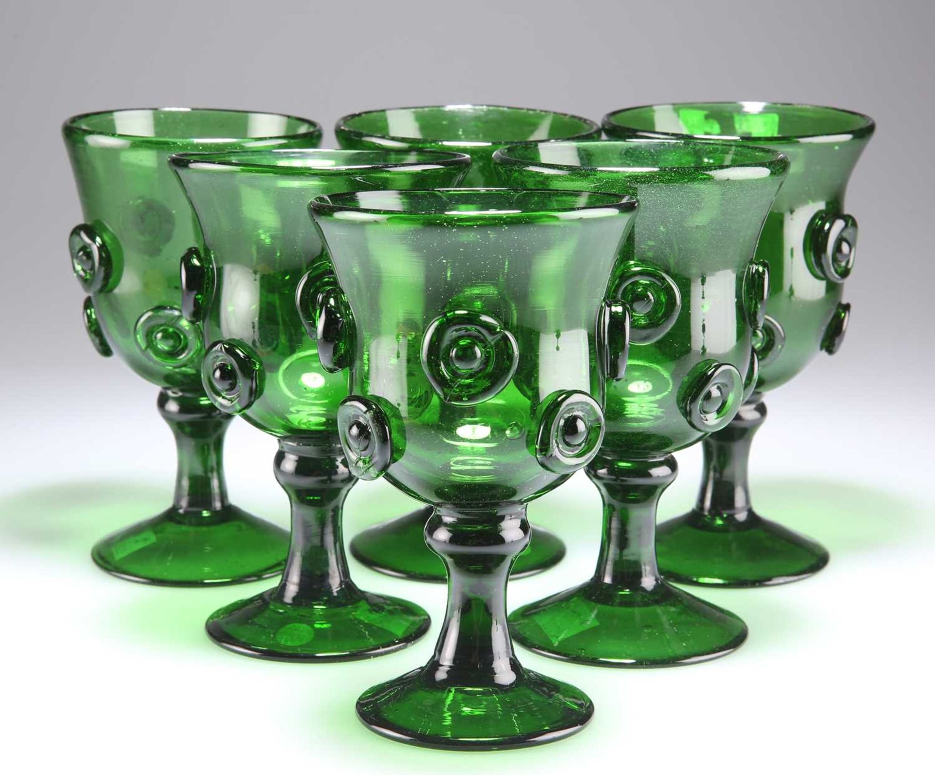 A SET OF SIX LATE 18TH CENTURY GLASS ROEMERS, POSSIBLY BRISTOL