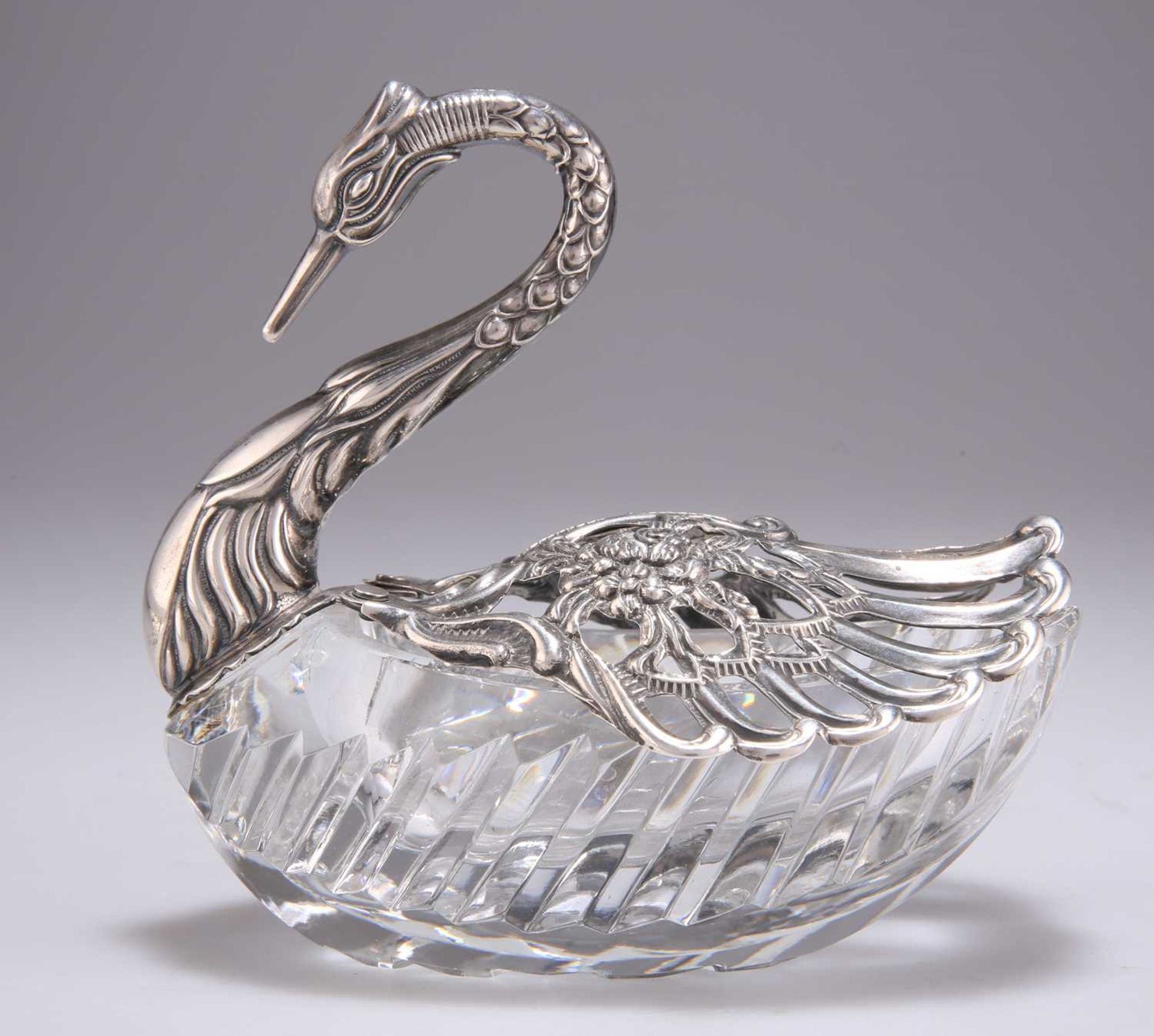 A CONTINENTAL SILVER-MOUNTED GLASS SWAN DISH