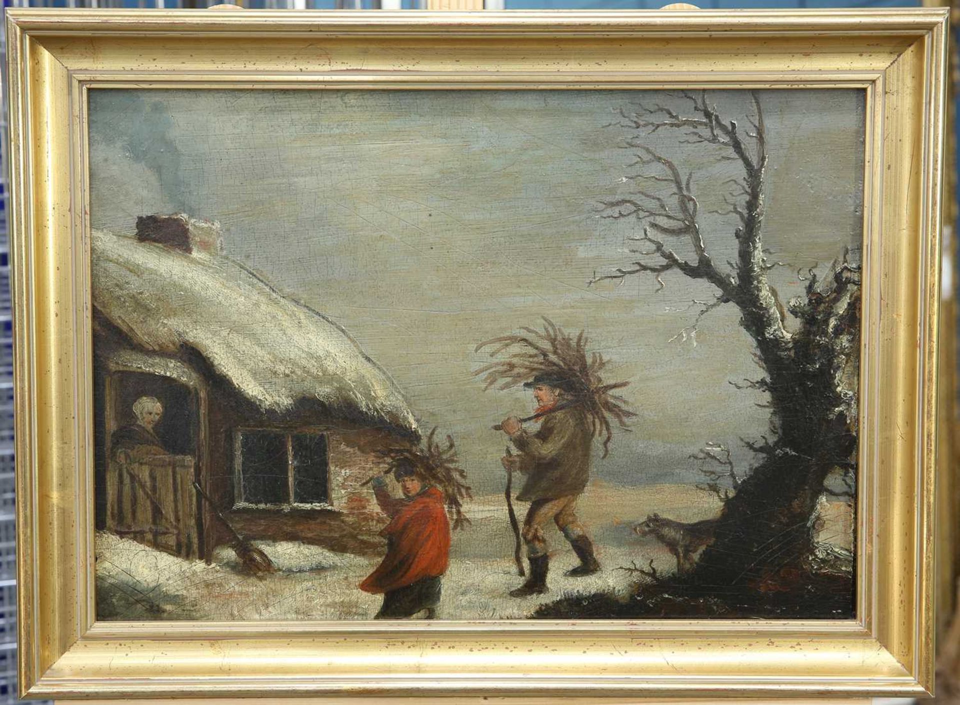 ENGLISH NAIVE SCHOOL FIGURES COLLECTING WOOD OUTSIDE A COTTAGE - Image 2 of 2