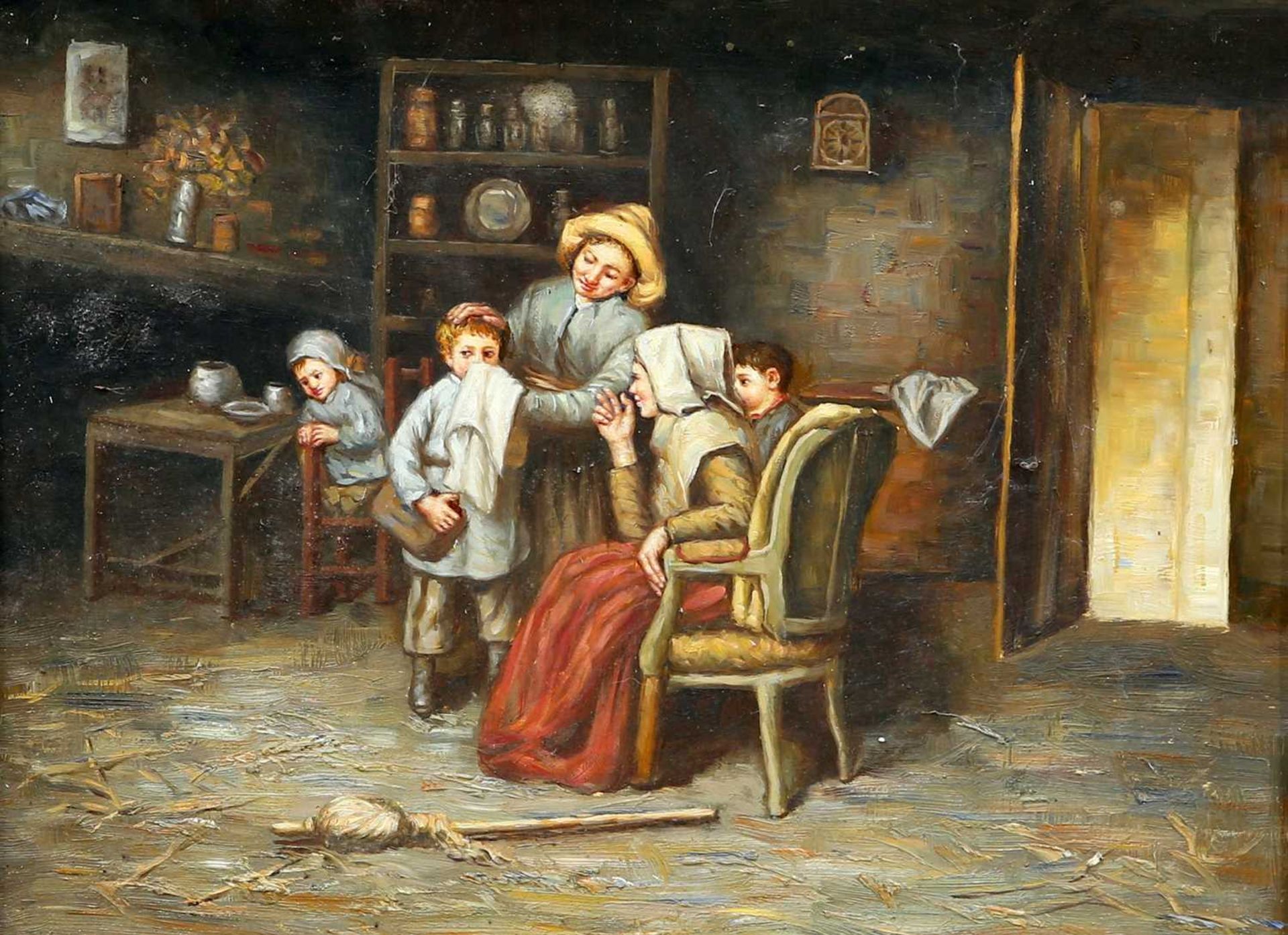 EARLY 20TH CENTURY BRITISH SCHOOL COTTAGE INTERIOR AND PORTRAIT OF A MAN