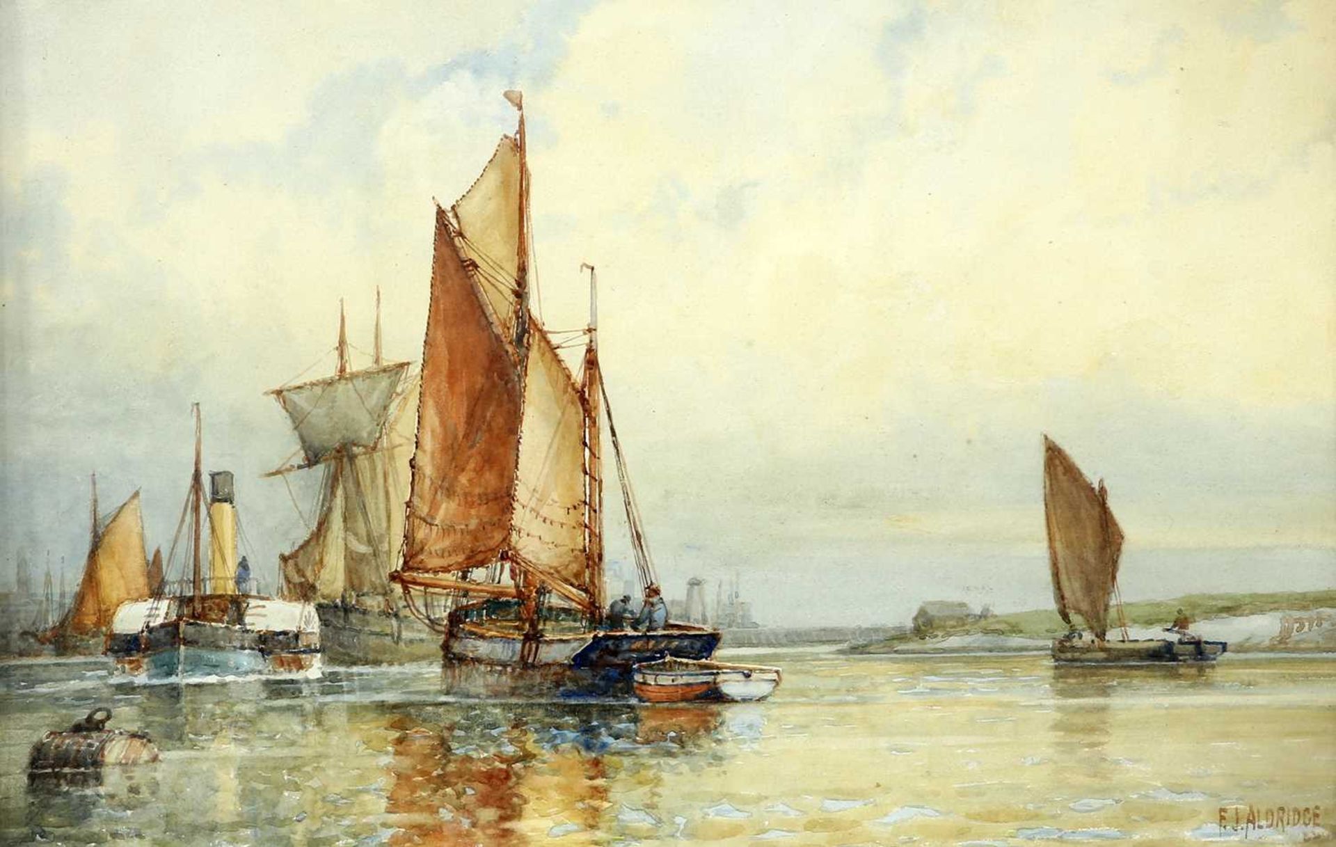 FREDERICK JAMES ALDRIDGE (1850-1933) PAIR OF VIEWS OF FISHING VESSELS IN AN ESTUARY