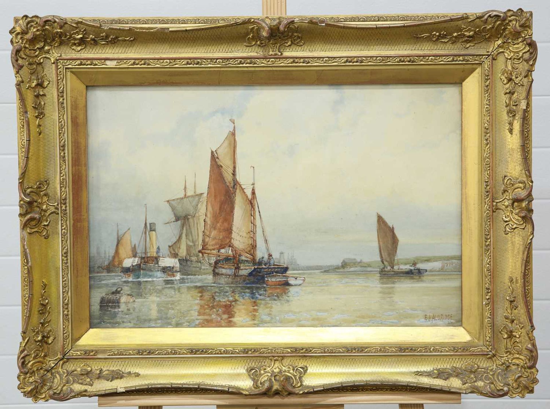 FREDERICK JAMES ALDRIDGE (1850-1933) PAIR OF VIEWS OF FISHING VESSELS IN AN ESTUARY - Image 3 of 4