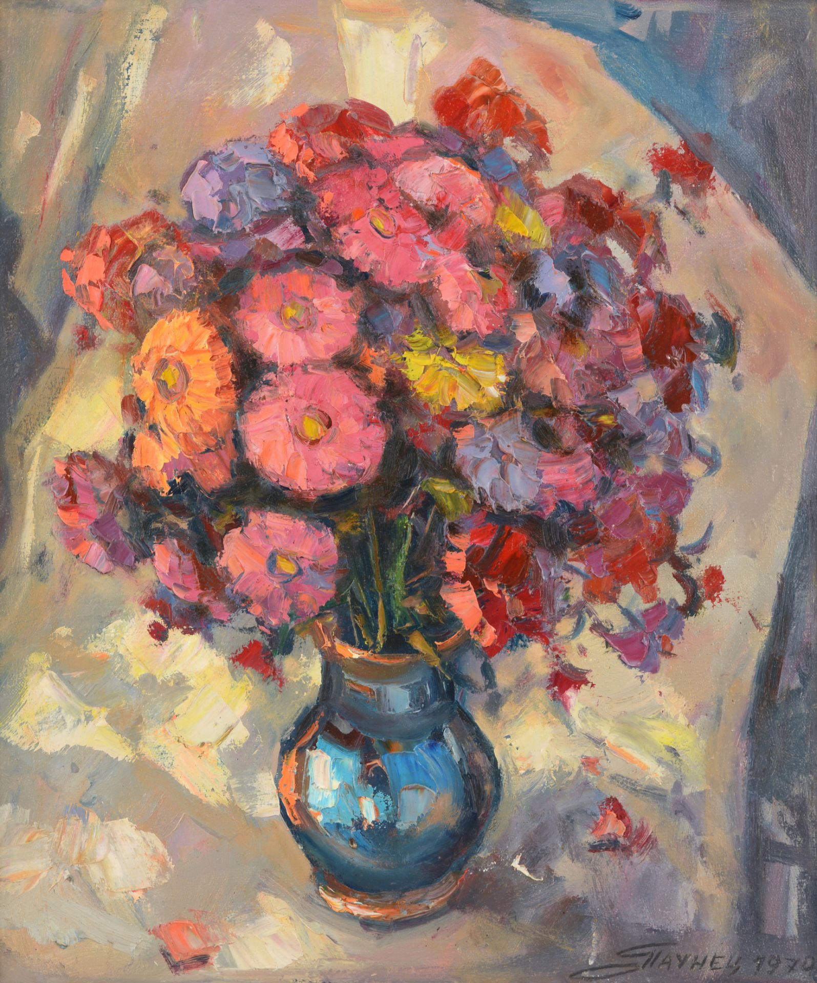GEORGI GEORGIEV PAUNOV -
PAUNETS /Bulgarian, b.1944/
„Flowers in a blue vase“ d.1970