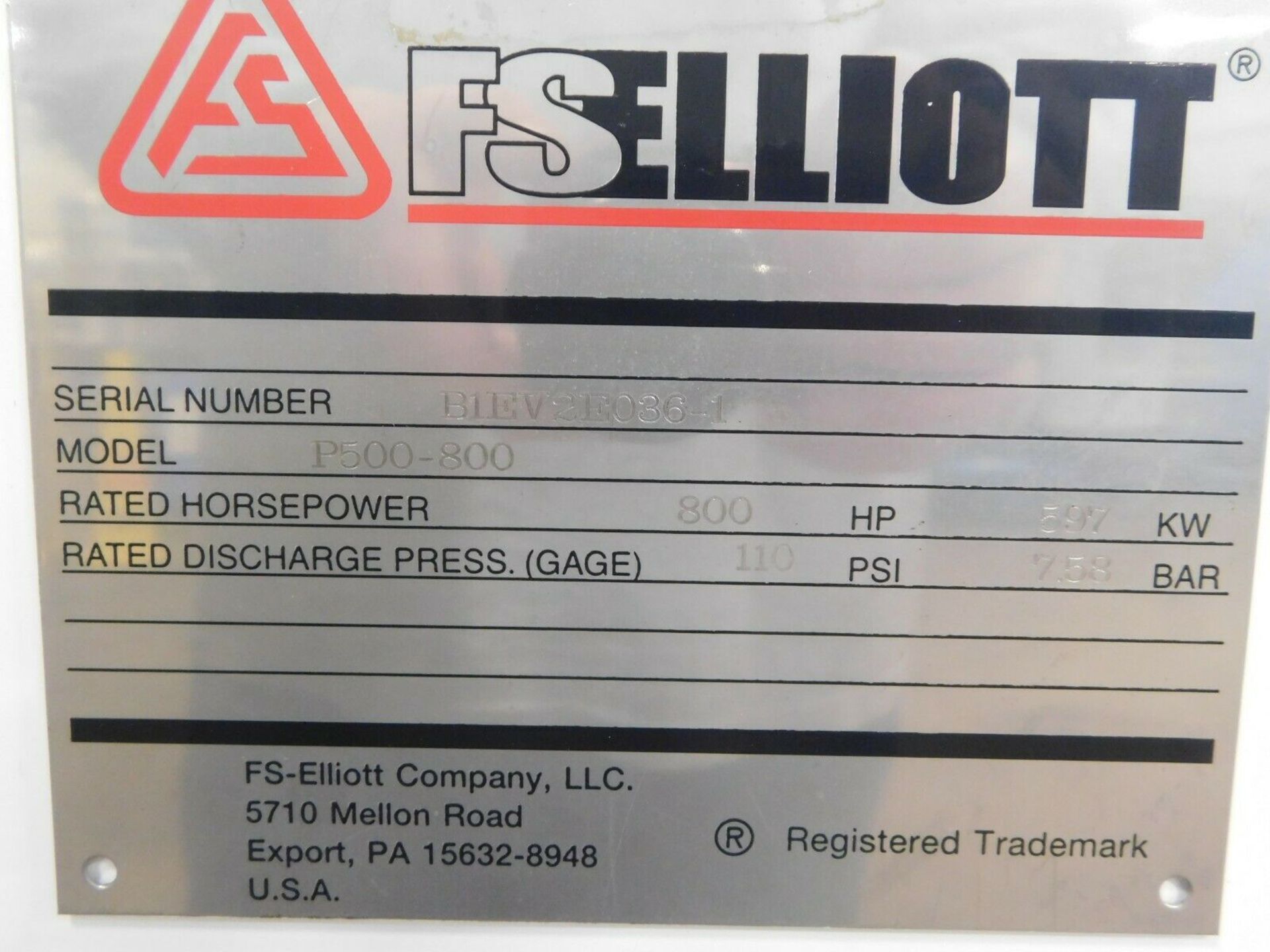 FS Elliott Polaris P500-800 Compressor. 800 HP. 110 PSI. 758 Bar. - Image 5 of 6