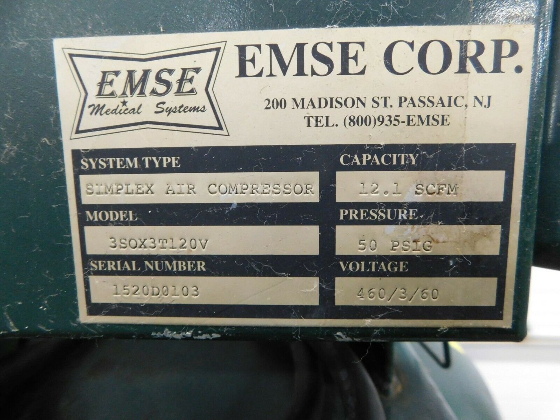 EMSE 3S0X3T120V Simplex Air Compressor. 12.1 SCFM. 50 PSI. 3 Ph. 460 V. - Image 4 of 6