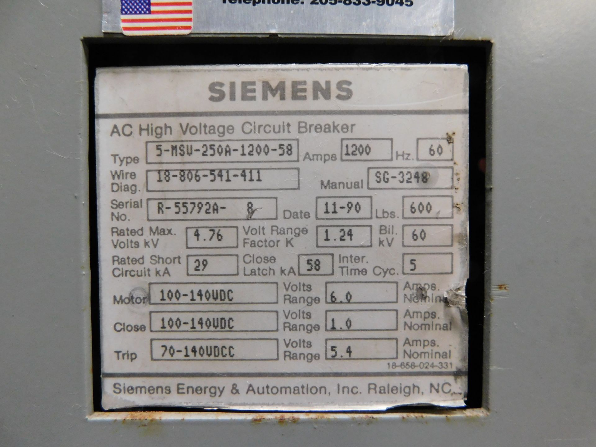 Siemens 5-MSV-250A-1200-58 1200 Amp AC High Voltage Circuit Breaker - Image 2 of 12