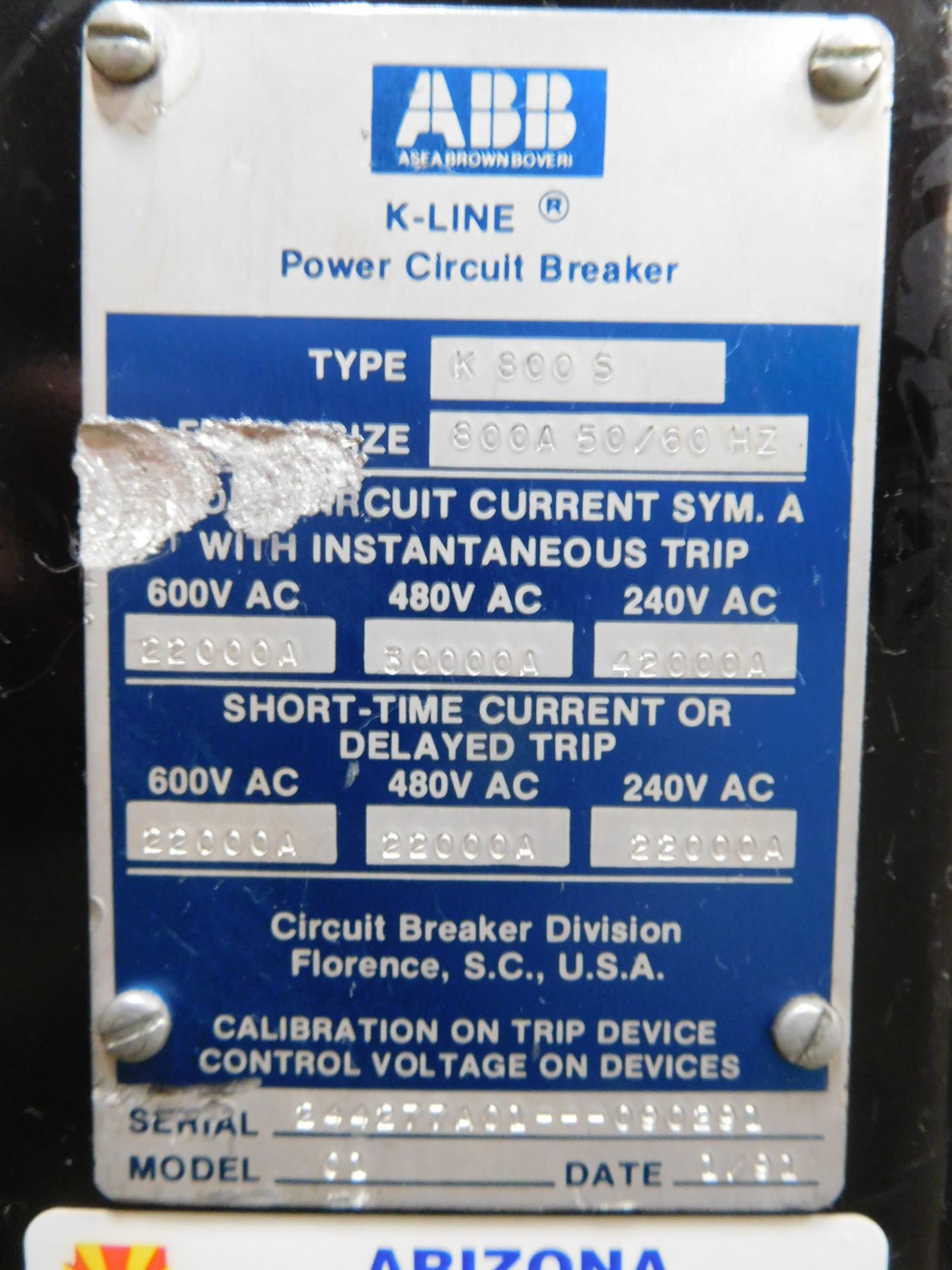 ABB K 800 S K-Line 800 Amp Power Circuit Breaker - Image 2 of 10