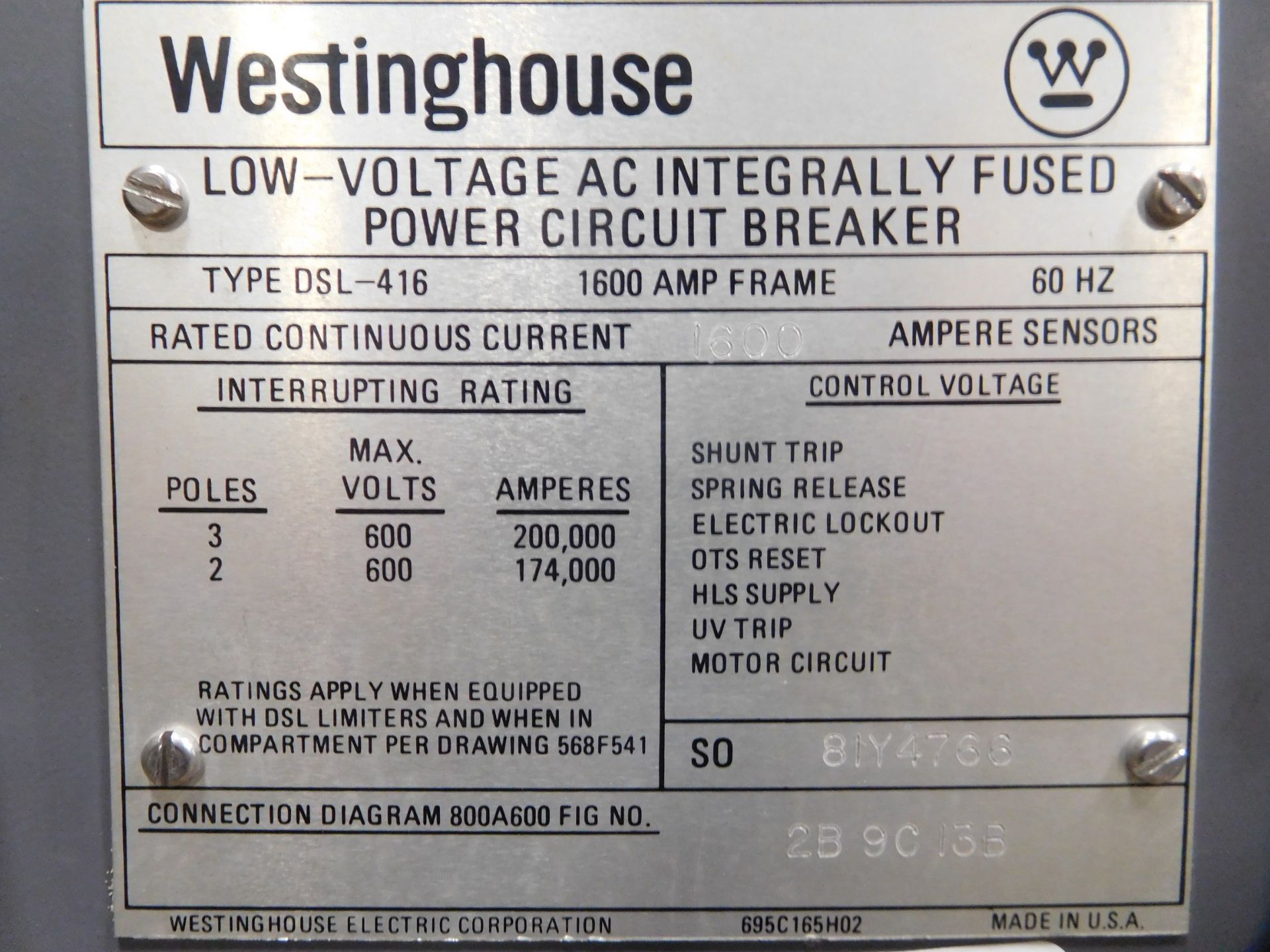 Westinghouse DSL-416 1600 Amp Low-Voltage AC Integrally Fused Power Circuit Breaker - Image 2 of 9
