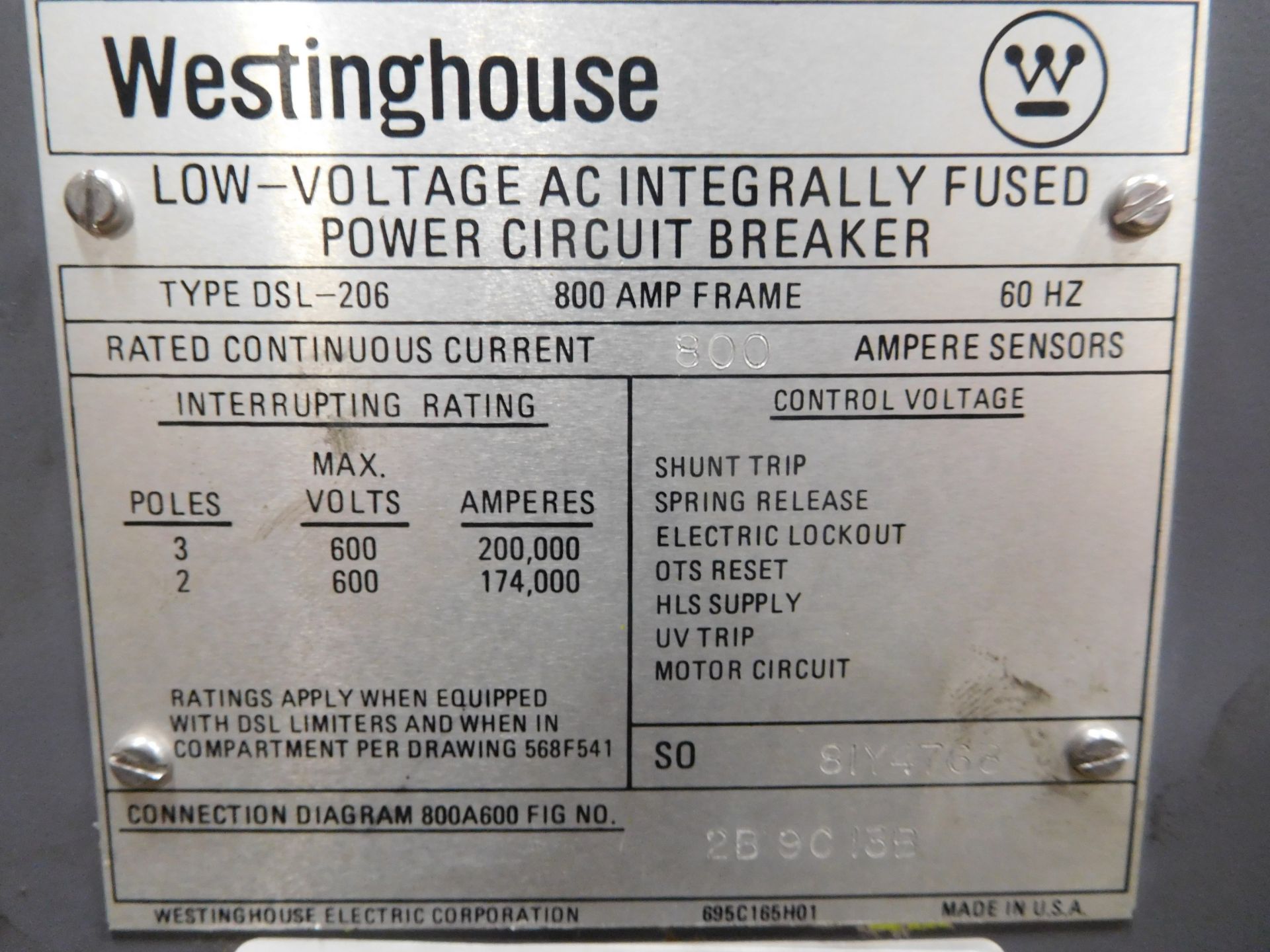 Westinghouse DSL-206 800 Amp Low-Voltage AC Integrally Fused Power Circuit Breaker - Image 2 of 10