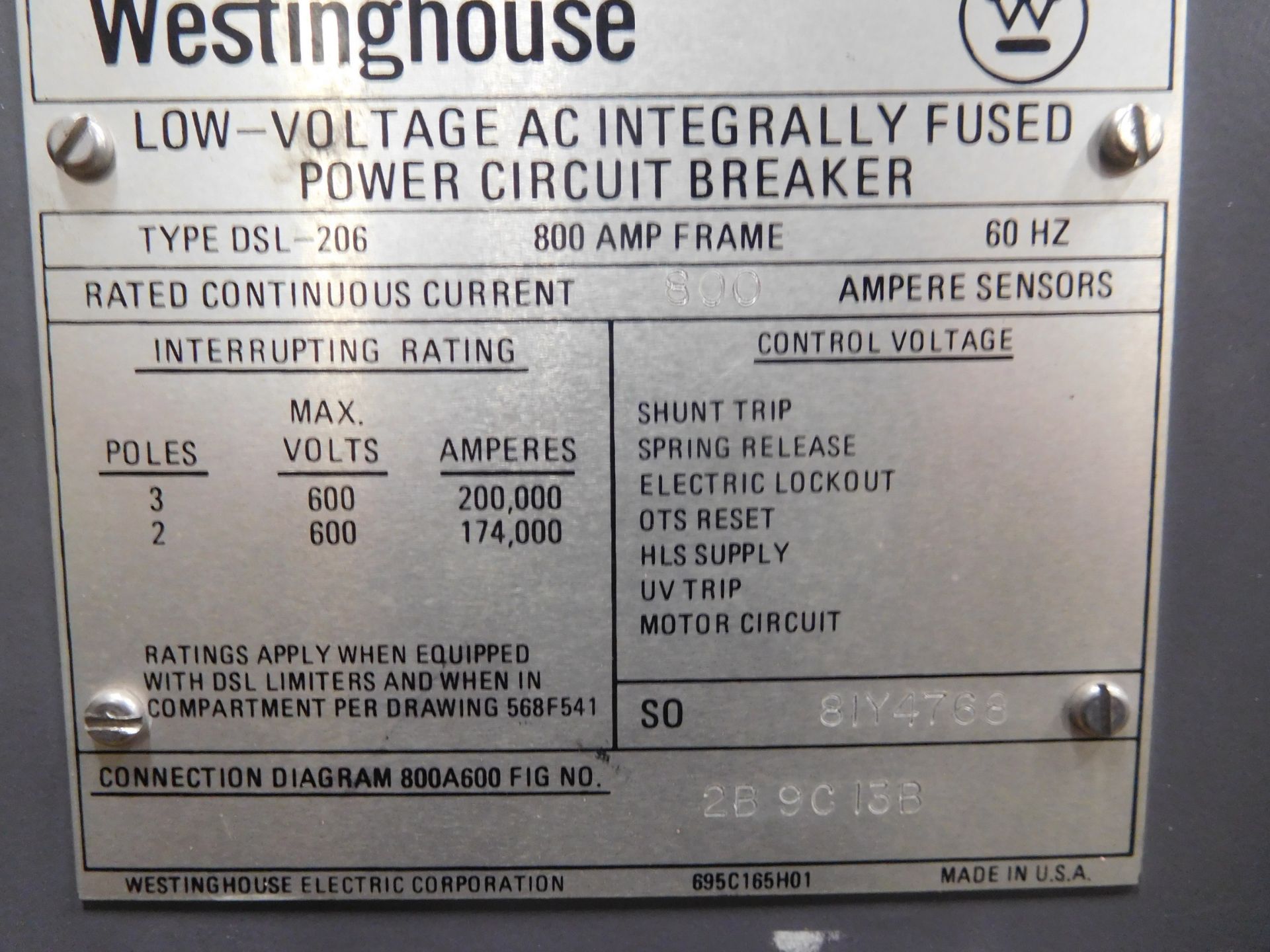 Westinghouse DSL-206 800 Amp Low-Voltage AC Integrally Fused Power Circuit Breaker - Image 2 of 9