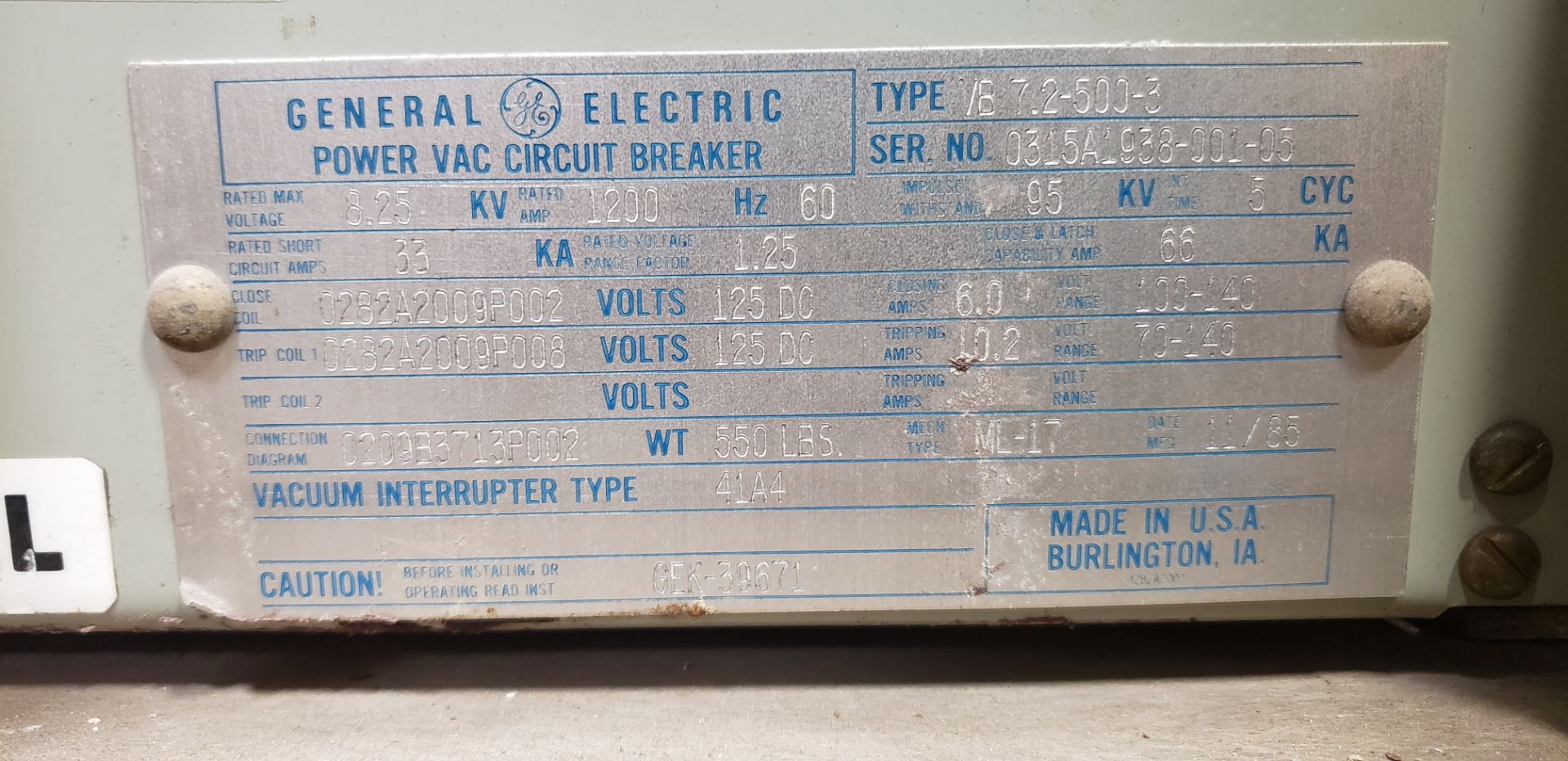 Lot of (12) GE VB 7.2-500-3 1200 Amp Power Vac Vacuum Breakers - Image 5 of 5