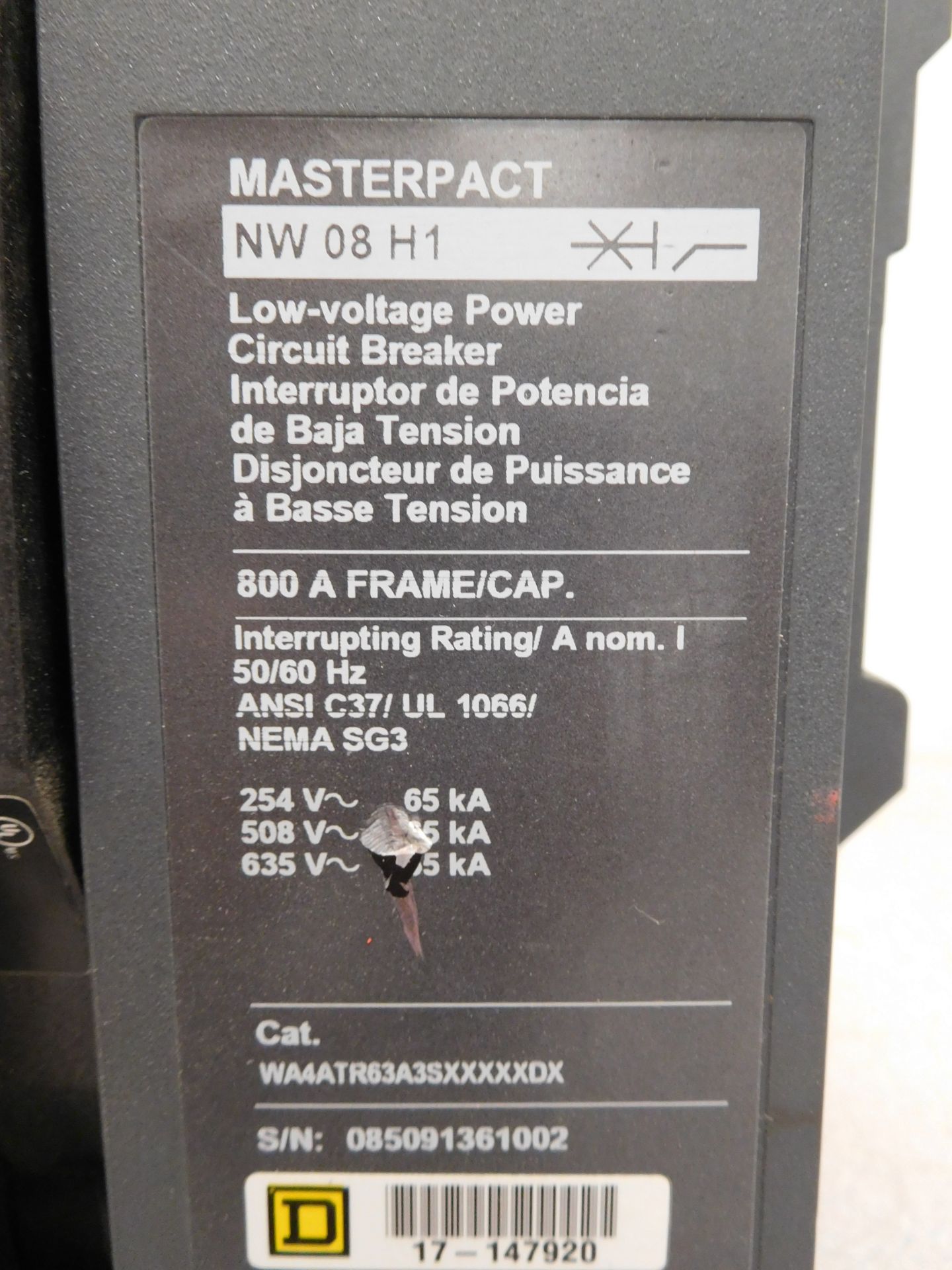 Square D NW 08 H1 Masterpact 800 Amp Low-Voltage Power Circuit Breaker - Image 2 of 7