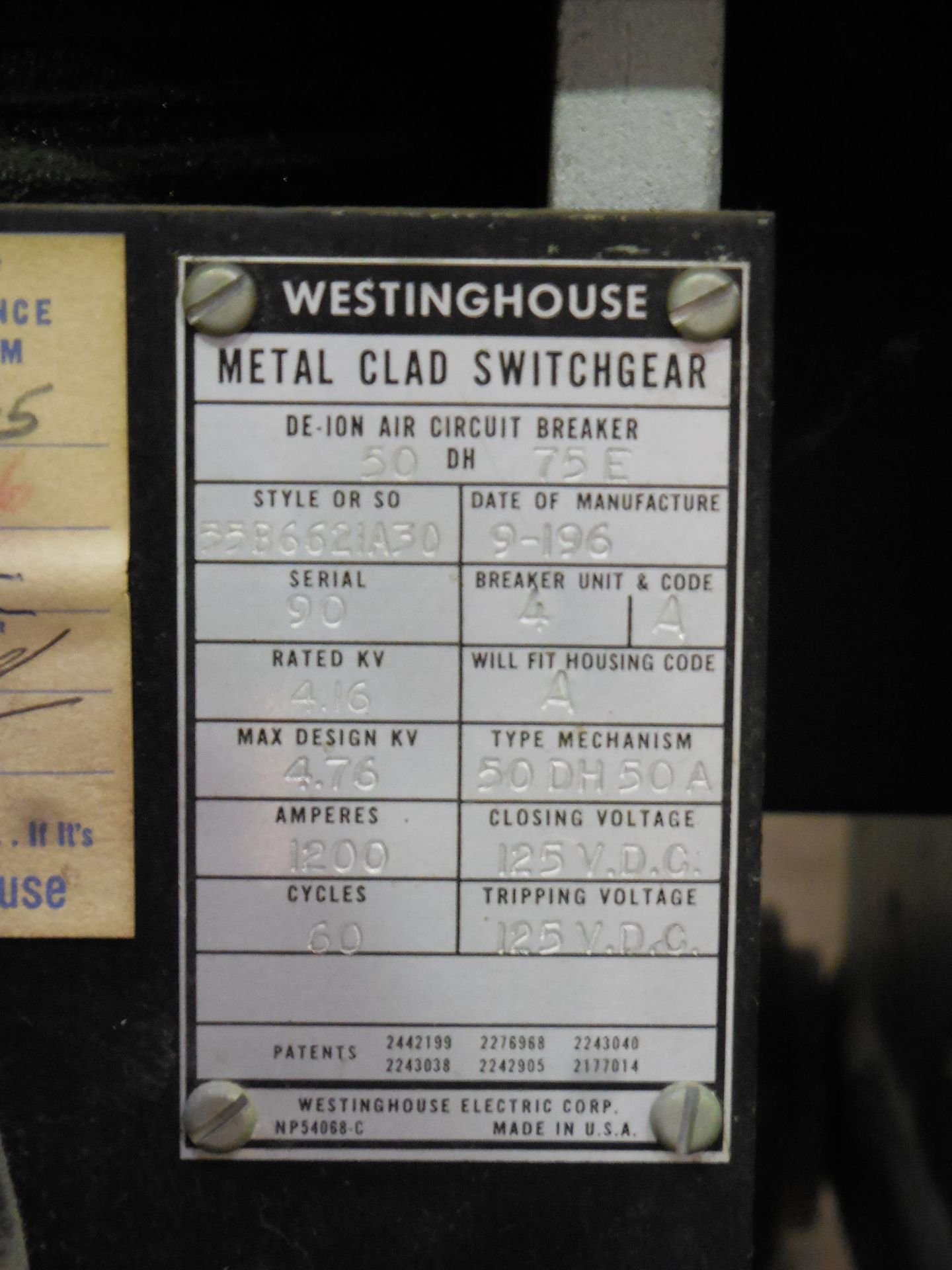 Westinghouse 50DH75E 1200 Amp Metal Clad Switchgear De-Ion Air Circuit Breaker - Image 2 of 10