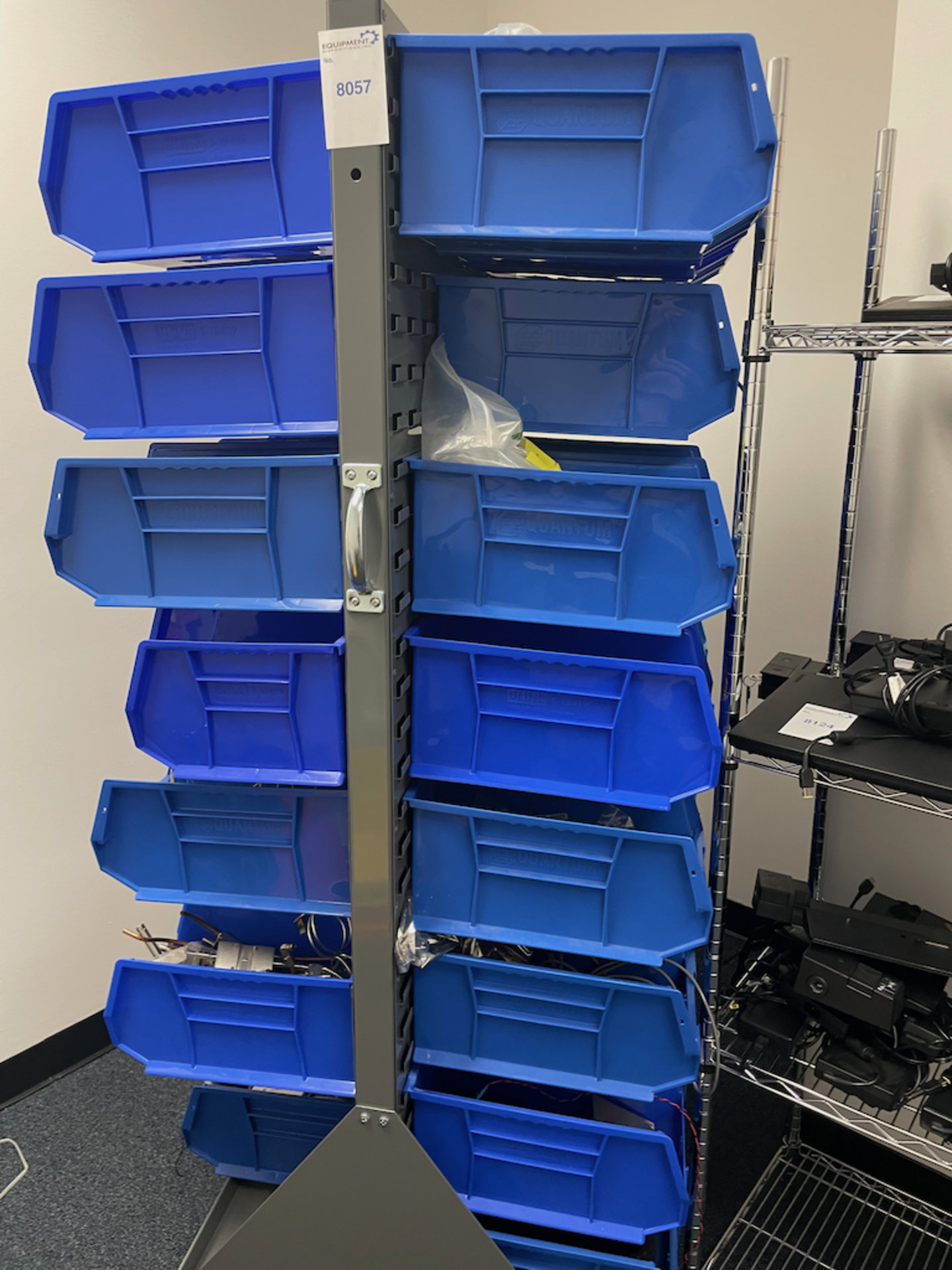PORTABLE ULINE PARTS RACK WITH CONTENTS OF BLUE TOTES - Image 14 of 22