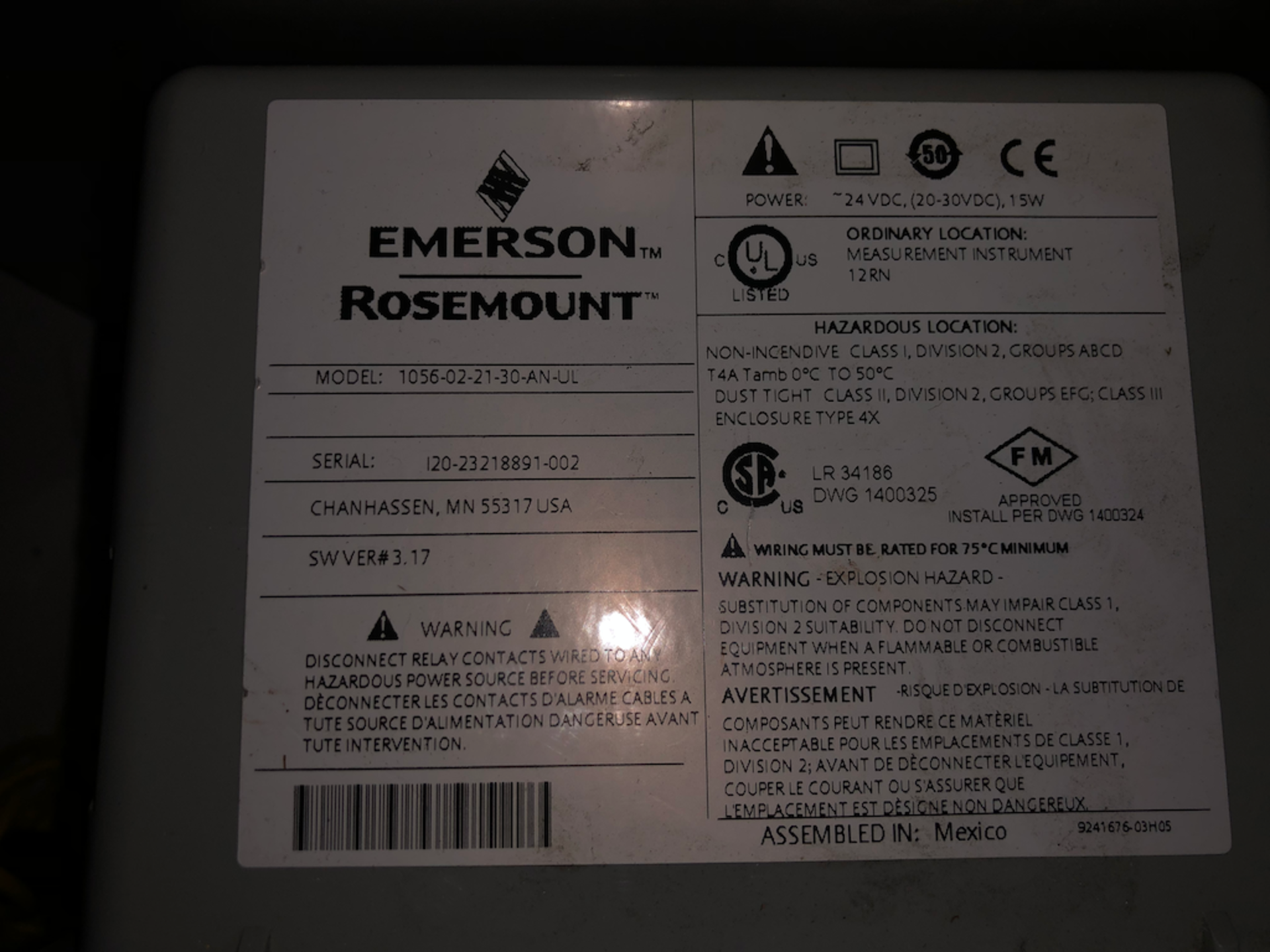 ROSEMOUNT EMERSON MODEL 1056-0221-30-AN-UL - Image 2 of 7