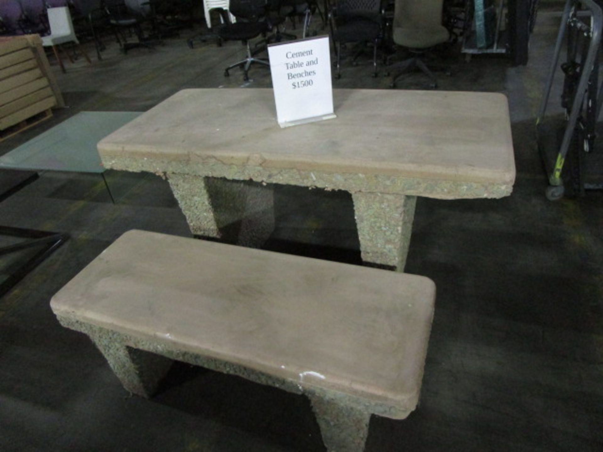 LOT TO INLCUDE CEMENT TABLE W/ QTY OF 2 CEMENT BENCHES - Image 2 of 5