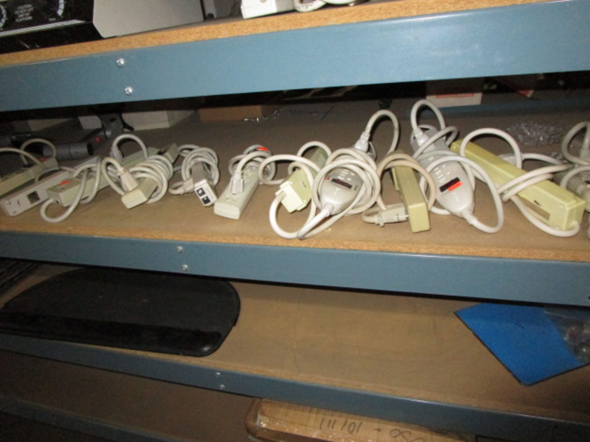 SHELVING UNIT OF 6" LED LIGHTS, SHAKER, CARTRIDGES OF FILTERS, POWER STRIPS - Image 8 of 11