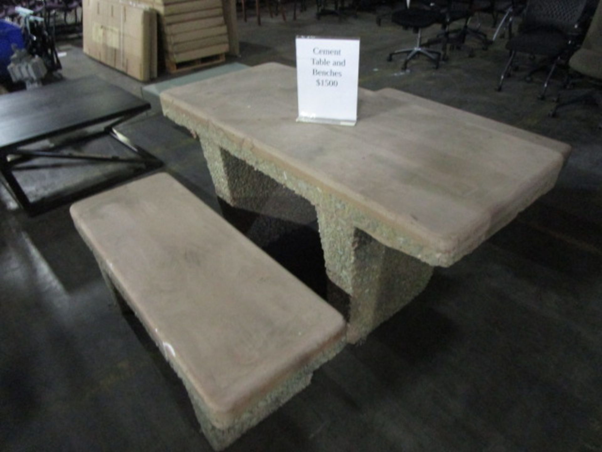 LOT TO INLCUDE CEMENT TABLE W/ QTY OF 2 CEMENT BENCHES - Image 3 of 5