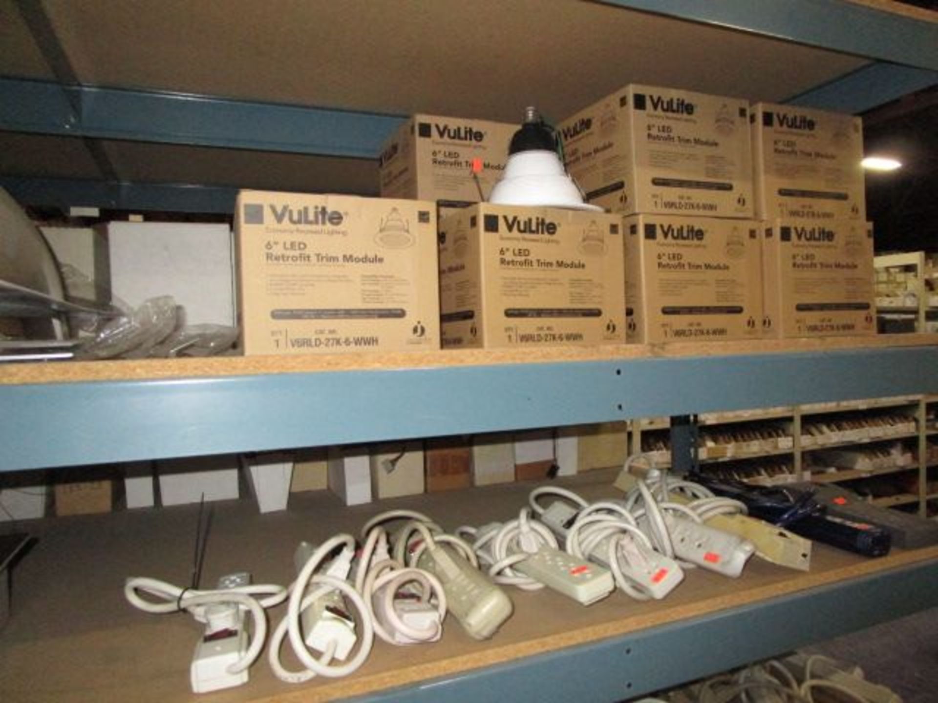 SHELVING UNIT OF 6" LED LIGHTS, SHAKER, CARTRIDGES OF FILTERS, POWER STRIPS - Image 6 of 11