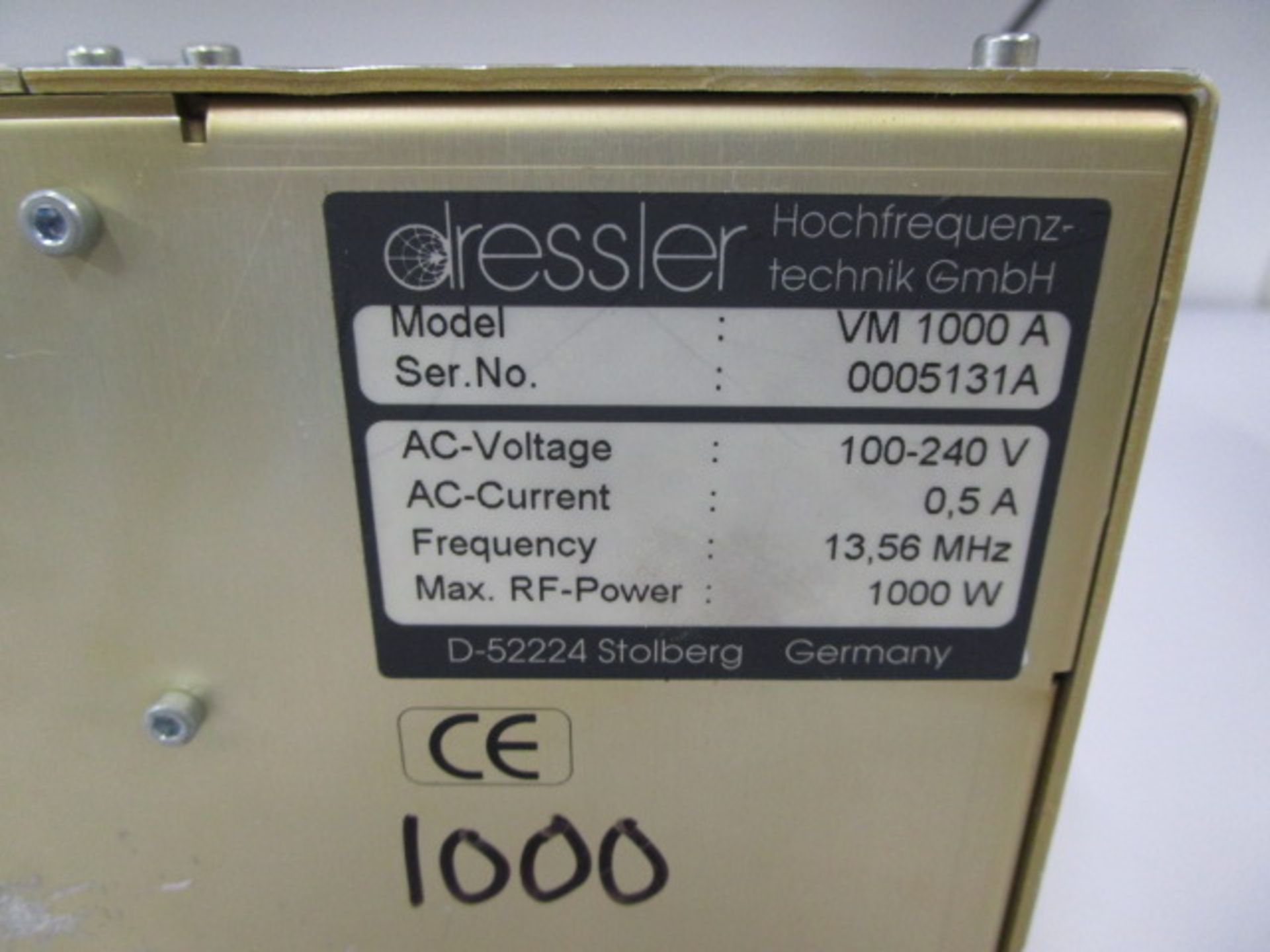 DRESSLER MODEL VM 1000 A, 1000W, 13.56MHZ RF POWER GENERATOR - Image 3 of 5