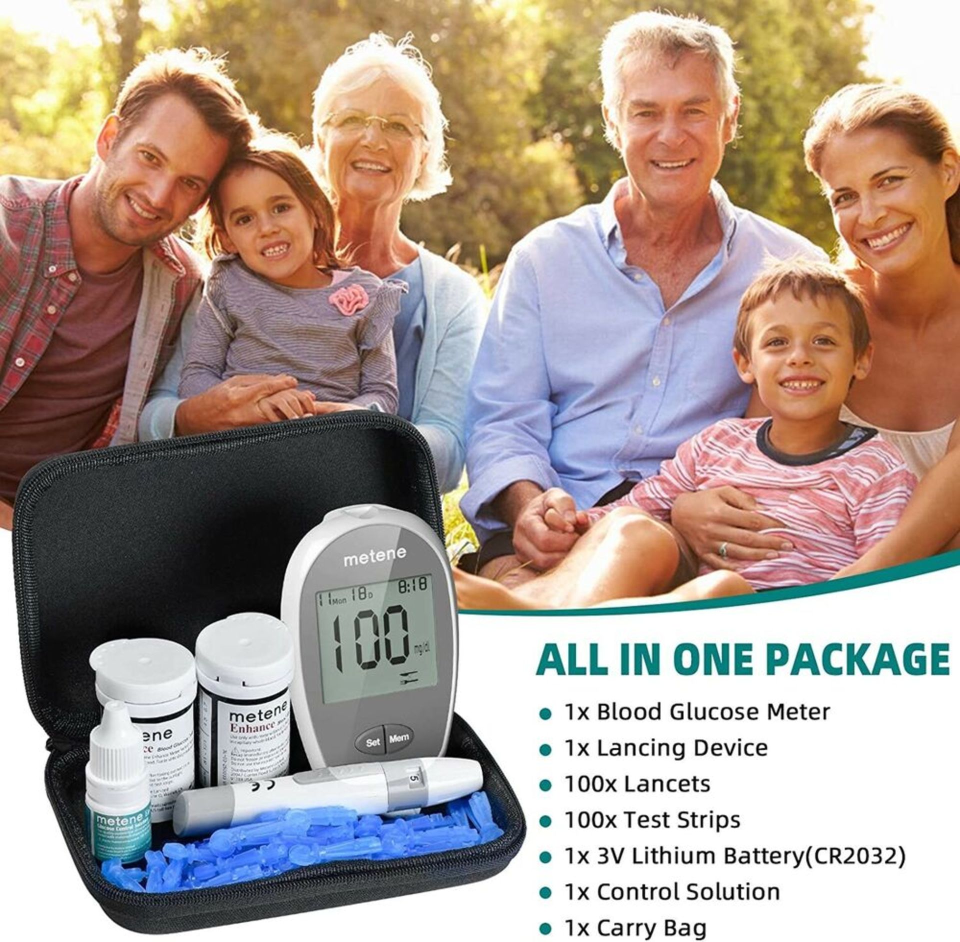 Metene Enhance Blood Glucose Monitoring System with 100 Lancets and 100 Strips - Image 2 of 5